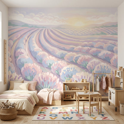 Pastel Lavender Field Wallpaper Rolling Farmland Rows Sunrise Horizon Wall Mural