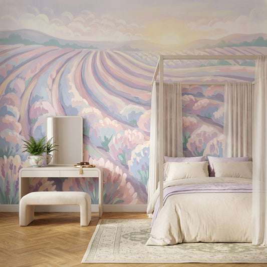 Pastel Lavender Field Wallpaper Rolling Farmland Rows Sunrise Horizon Wall Mural