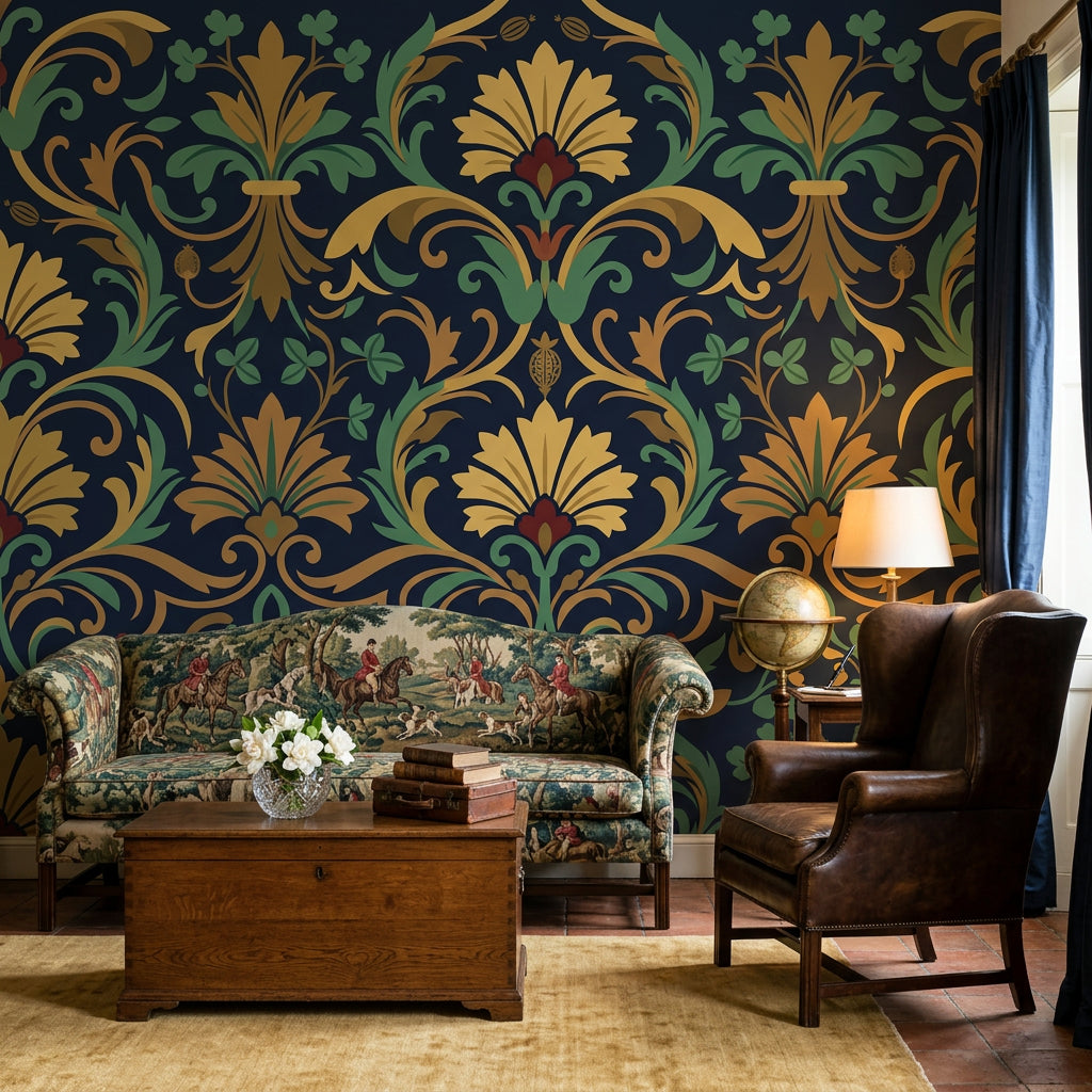 Damask Wallpaper Dark Navy Ornate Floral Removable Wall Decor