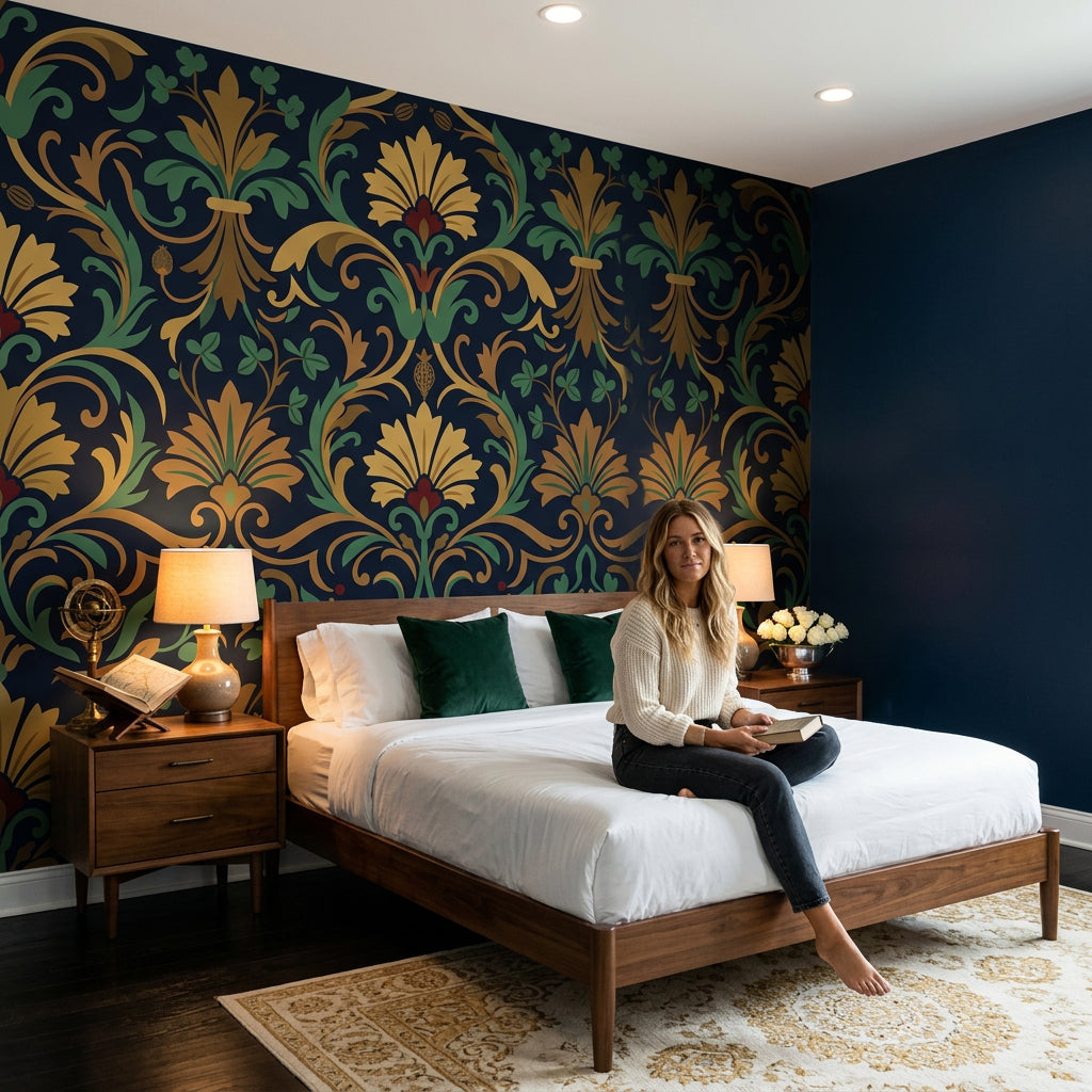 Damask Wallpaper Dark Navy Ornate Floral Removable Wall Decor