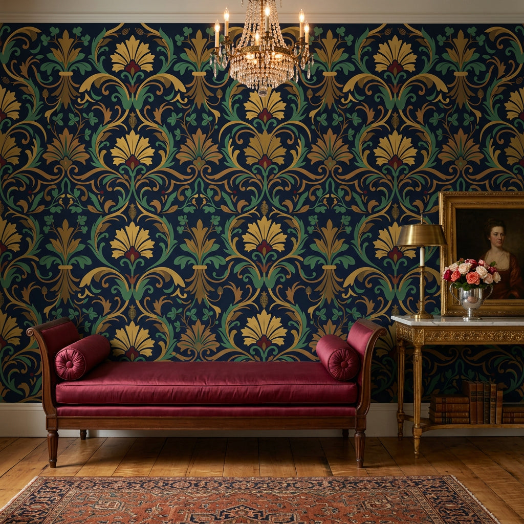 Damask Wallpaper Dark Navy Ornate Floral Removable Wall Decor