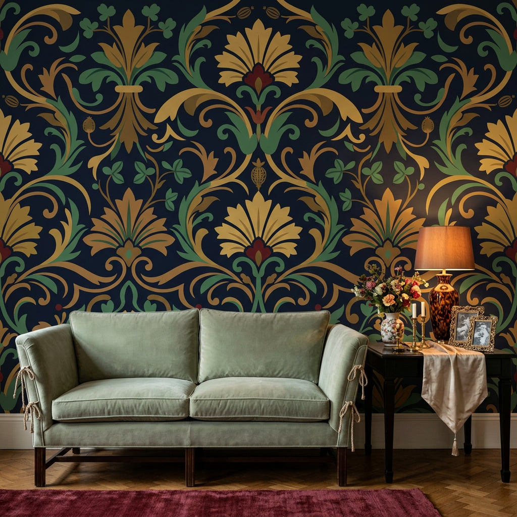 Damask Wallpaper Dark Navy Ornate Floral Removable Wall Decor