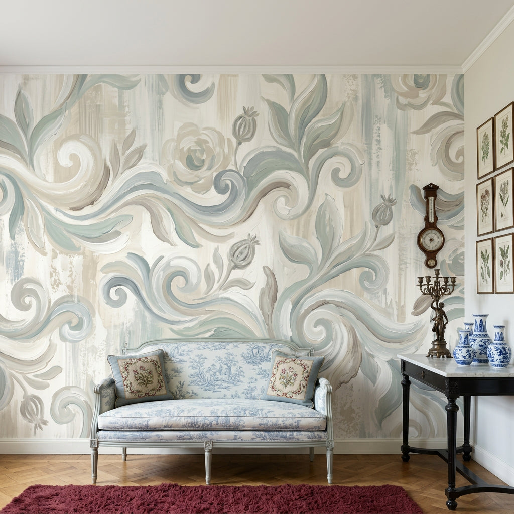 Floral Scrollwork Wallpaper Damask Inspired Hand Painted Wall Mural