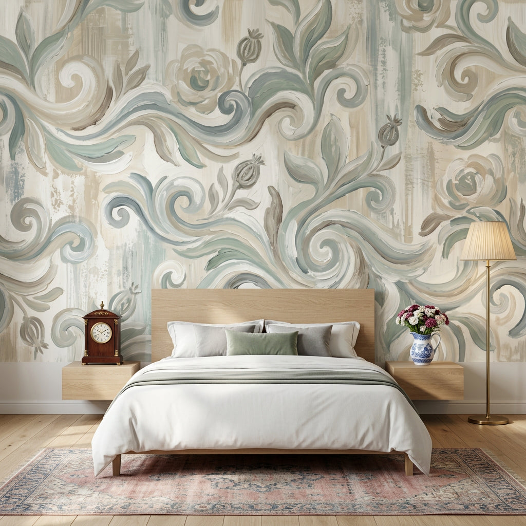 Floral Scrollwork Wallpaper Damask Inspired Hand Painted Wall Mural