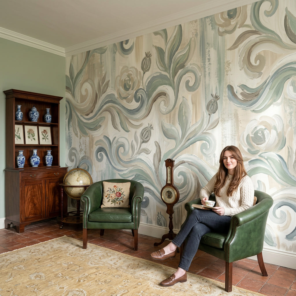 Floral Scrollwork Wallpaper Damask Inspired Hand Painted Wall Mural