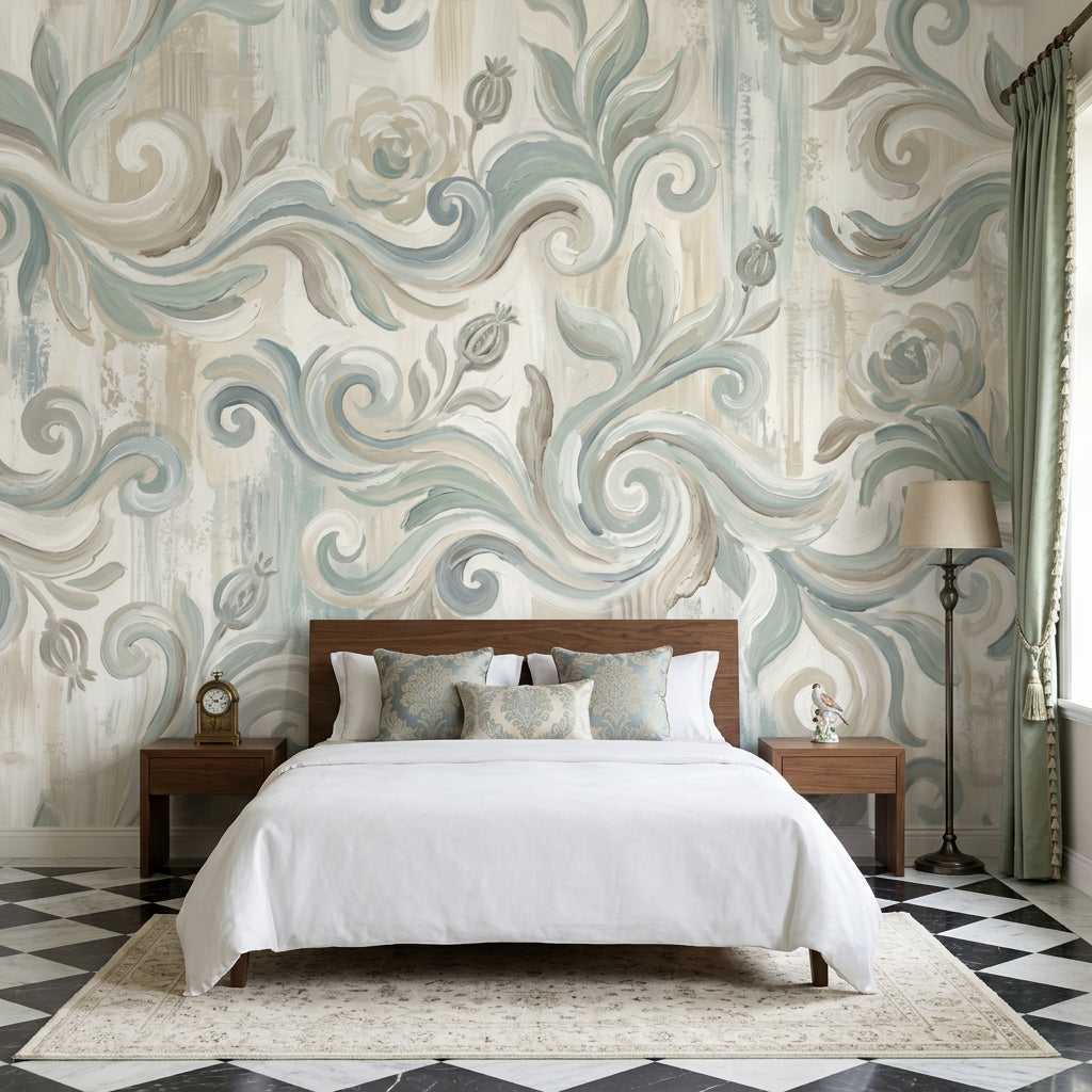 Floral Scrollwork Wallpaper Damask Inspired Hand Painted Wall Mural