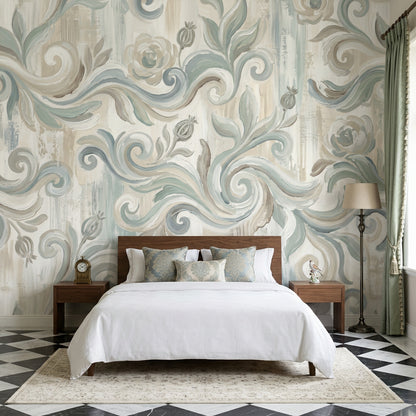 Floral Scrollwork Wallpaper Damask Inspired Hand Painted Wall Mural