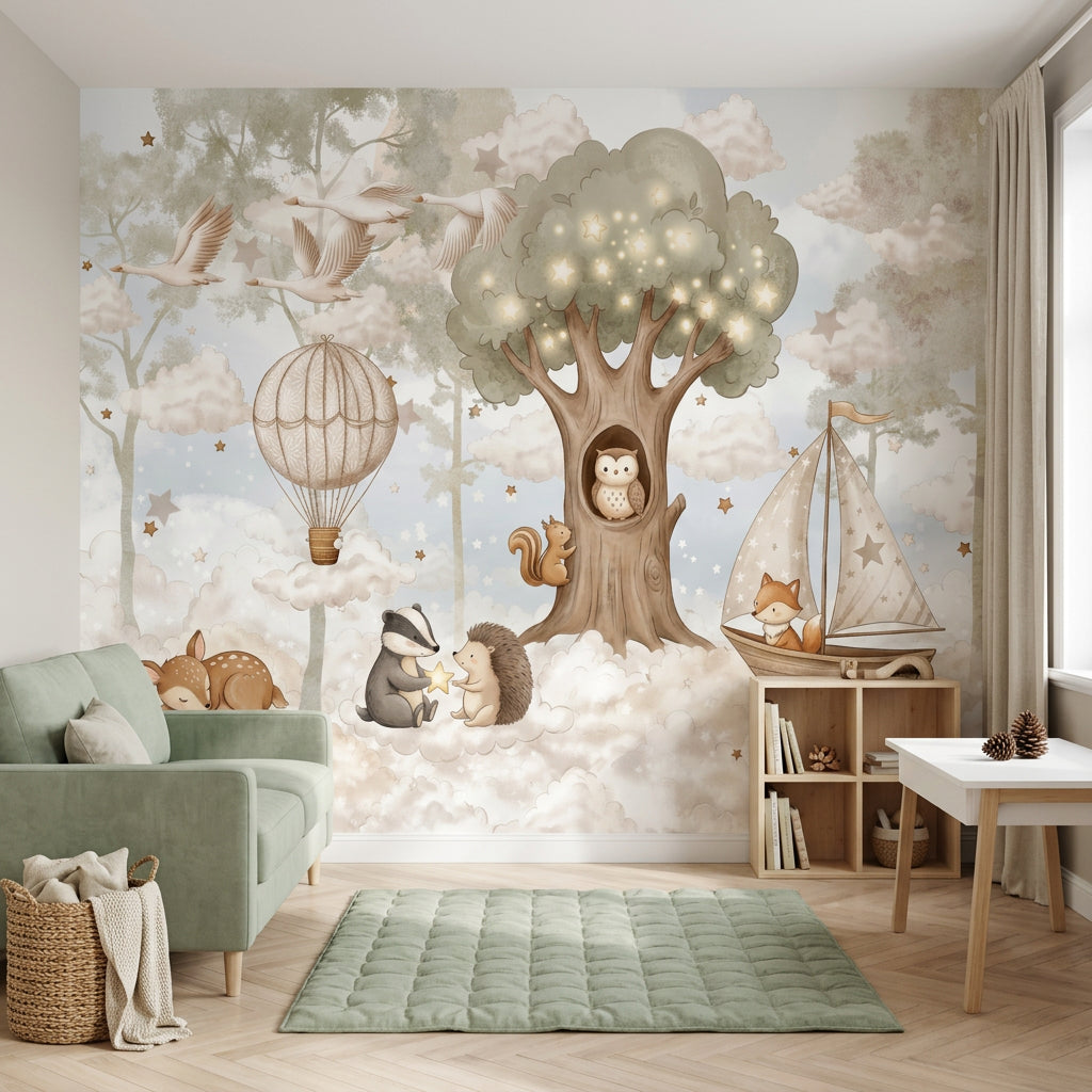 Cloudy Sky Wallpaper Hot Air Balloon With Stars Wall Mural