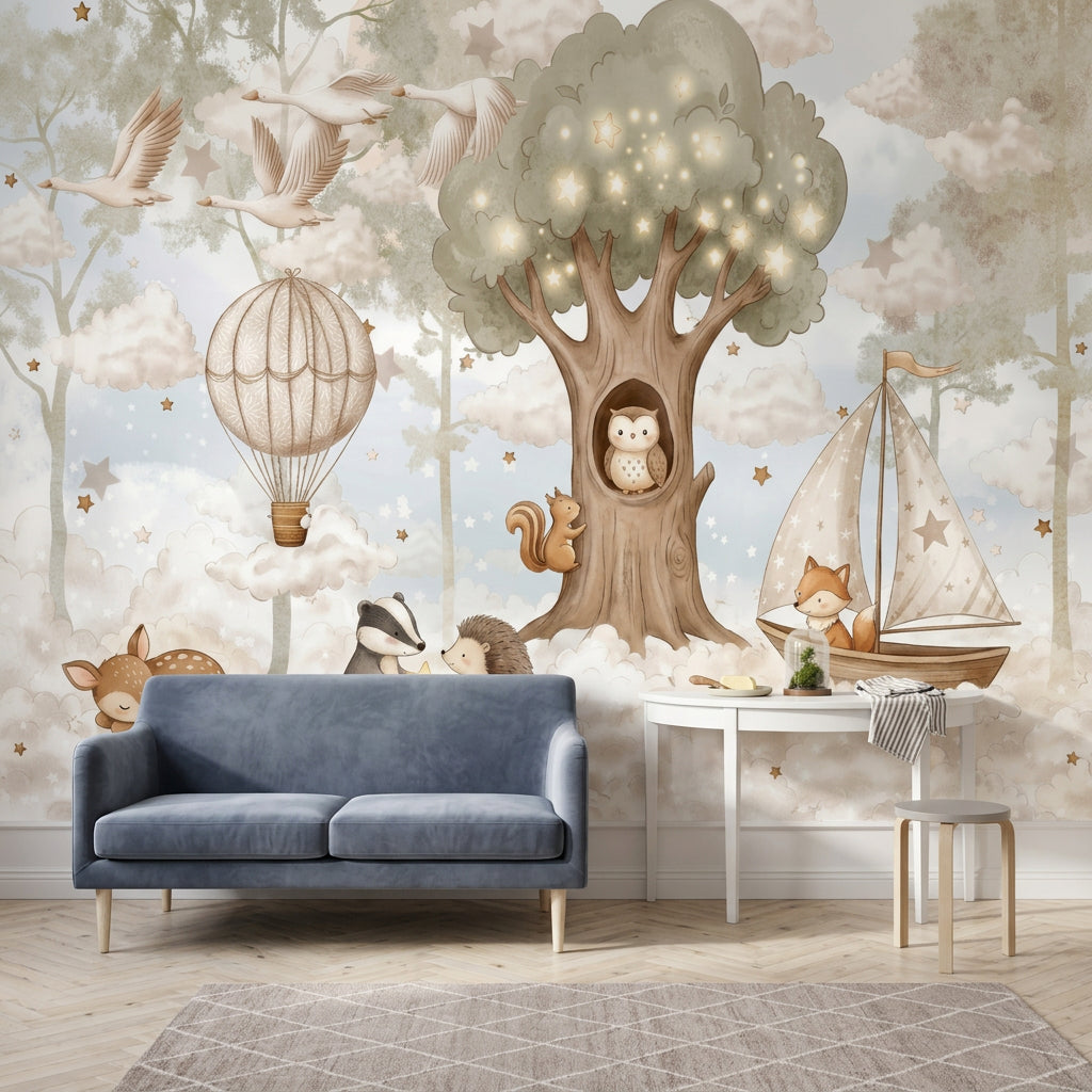 Cloudy Sky Wallpaper Hot Air Balloon With Stars Wall Mural