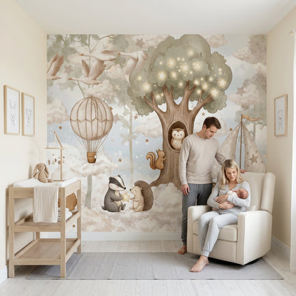 Cloudy Sky Wallpaper Hot Air Balloon With Stars Wall Mural