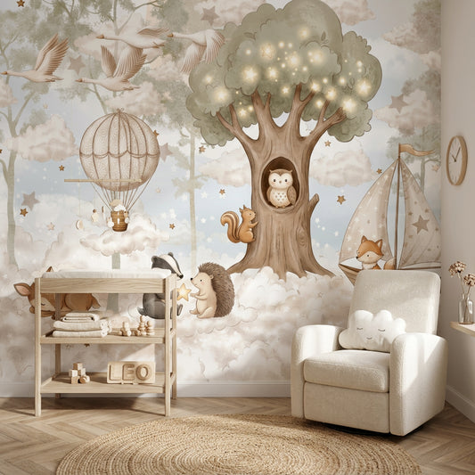 Cloudy Sky Wallpaper Hot Air Balloon With Stars Wall Mural