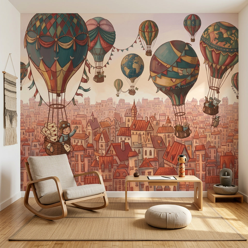 World Map Wallpaper Hot Air Balloon City Skyline Wall Mural