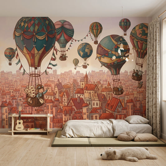 World Map Wallpaper Hot Air Balloon City Skyline Wall Mural