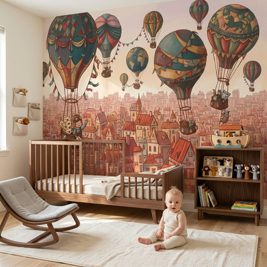 World Map Wallpaper Hot Air Balloon City Skyline Wall Mural