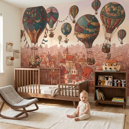 World Map Wallpaper Hot Air Balloon City Skyline Wall Mural