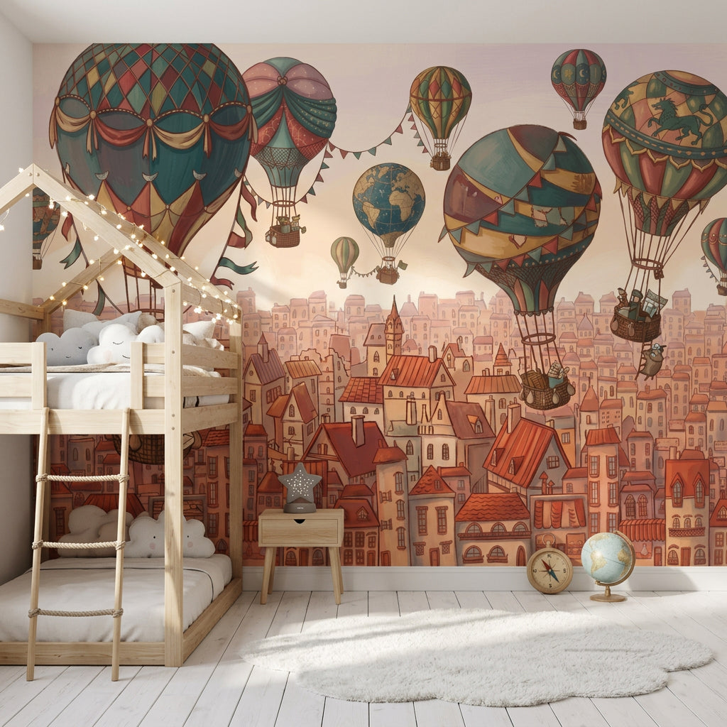 World Map Wallpaper Hot Air Balloon City Skyline Wall Mural