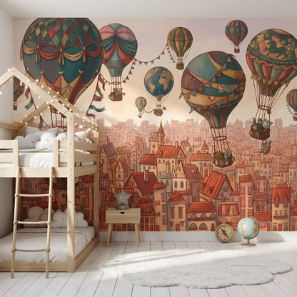 World Map Wallpaper Hot Air Balloon City Skyline Wall Mural