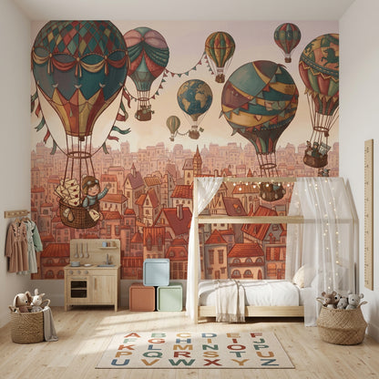 World Map Wallpaper Hot Air Balloon City Skyline Wall Mural