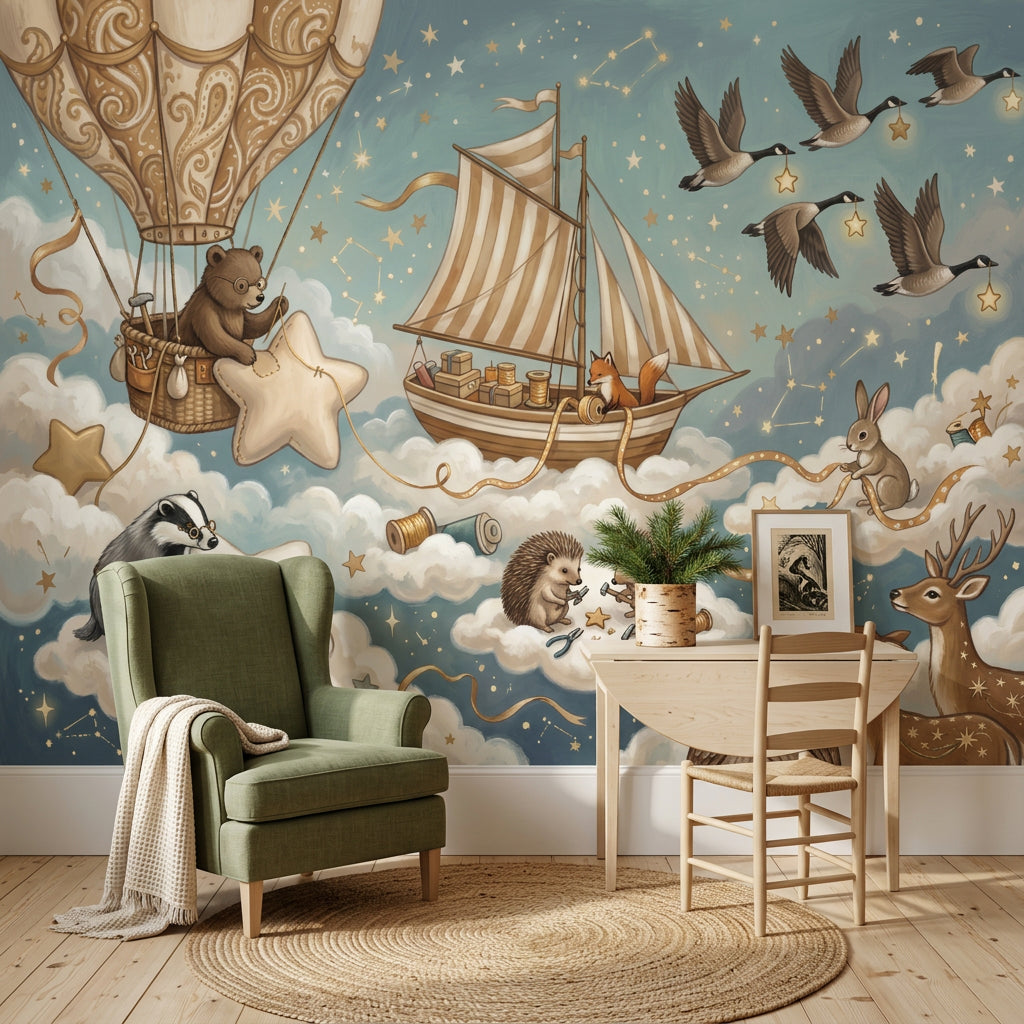Hot Air Balloon Wallpaper With Stars Removable Wall Decor