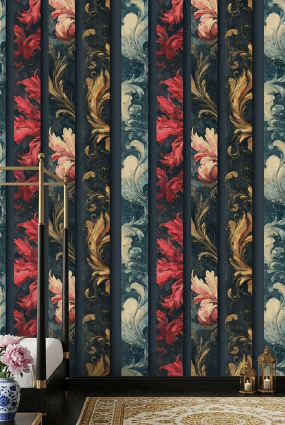 Ornamental Floral Wallpaper Damask Scrollwork Removable Baroque Inspired Wall Decor