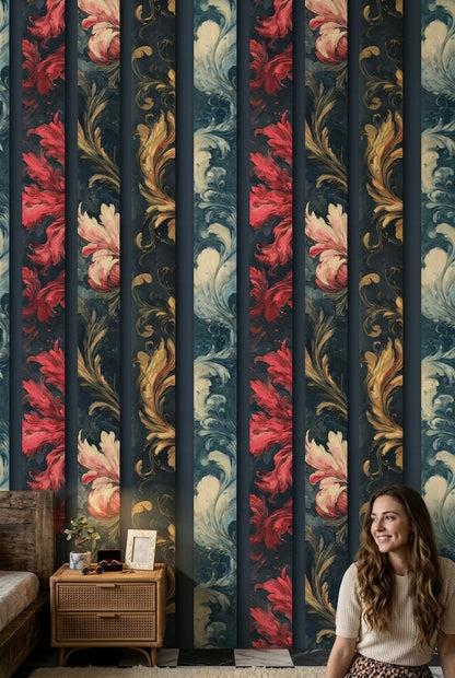 Ornamental Floral Wallpaper Damask Scrollwork Removable Baroque Inspired Wall Decor