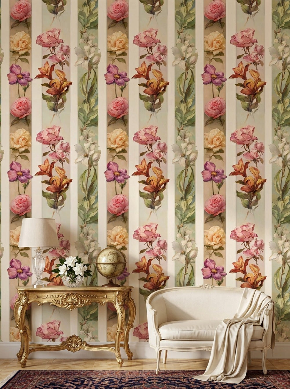 Floral Wallpaper Botanical Removable Vertical Stripes Wall Decor