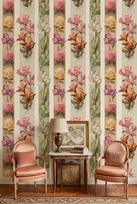 Floral Wallpaper Botanical Removable Vertical Stripes Wall Double Roll