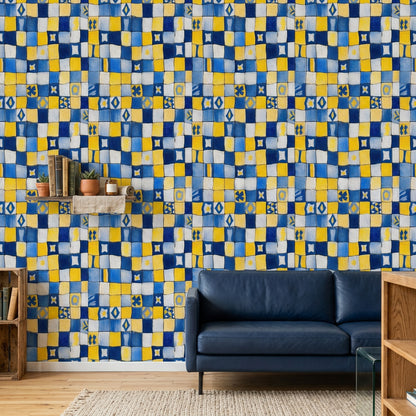 Geometric Mosaic Wallpaper Painted Tiles Mediterranean Removable Wall Decor