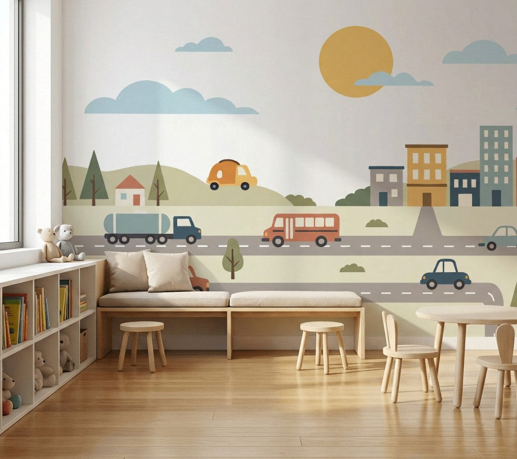 Transportation Wallpaper Road Removable City Buildings Wall Decor