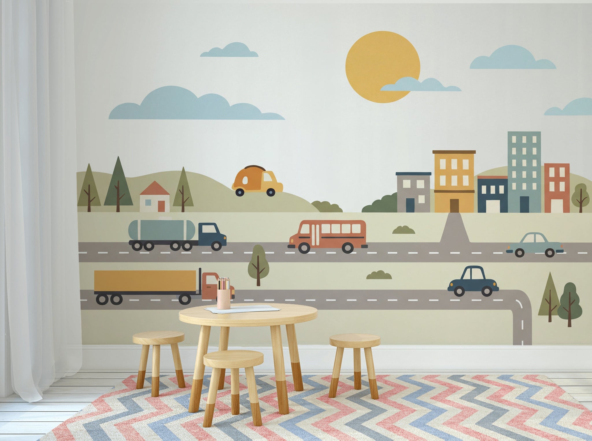 Transportation Wallpaper Road Removable City Buildings Wall Decor