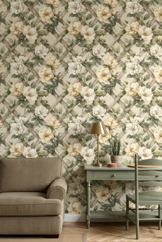 Watercolor Floral Wallpaper White Blossoms Wood Lattice Trellis Removable Wall Decor