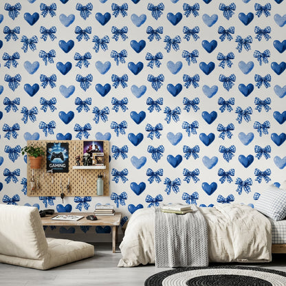 Watercolor Wallpaper Blue Bows Gingham Ribbon Removable Wall Decor