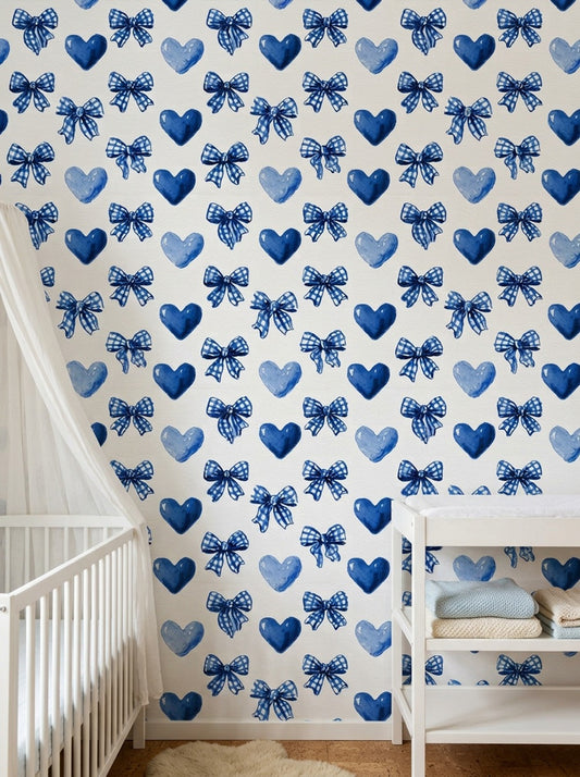 Watercolor Wallpaper Blue Bows Gingham Ribbon Removable Wall Decor