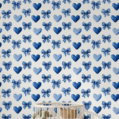Watercolor Wallpaper Blue Bows Gingham Ribbon Removable Wall Decor