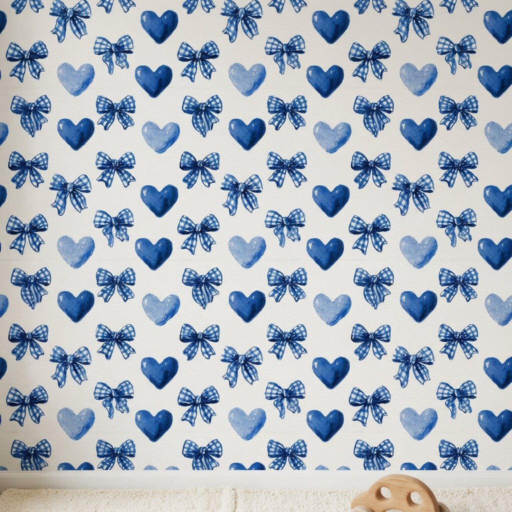 Watercolor Wallpaper Blue Bows Gingham Ribbon Removable Wall Decor