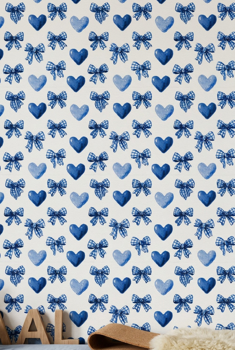 Watercolor Wallpaper Blue Bows Gingham Ribbon Removable Wall Decor