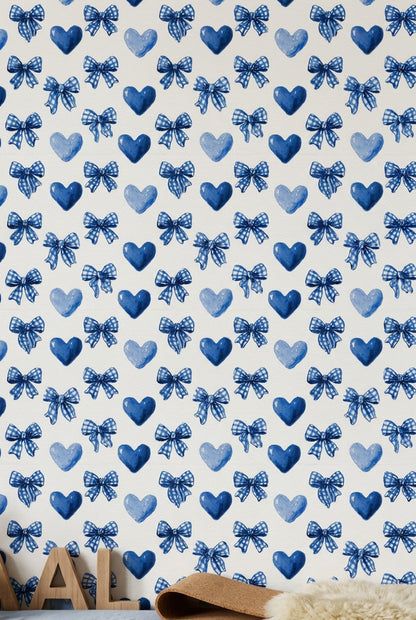 Watercolor Wallpaper Blue Bows Gingham Ribbon Removable Wall Decor