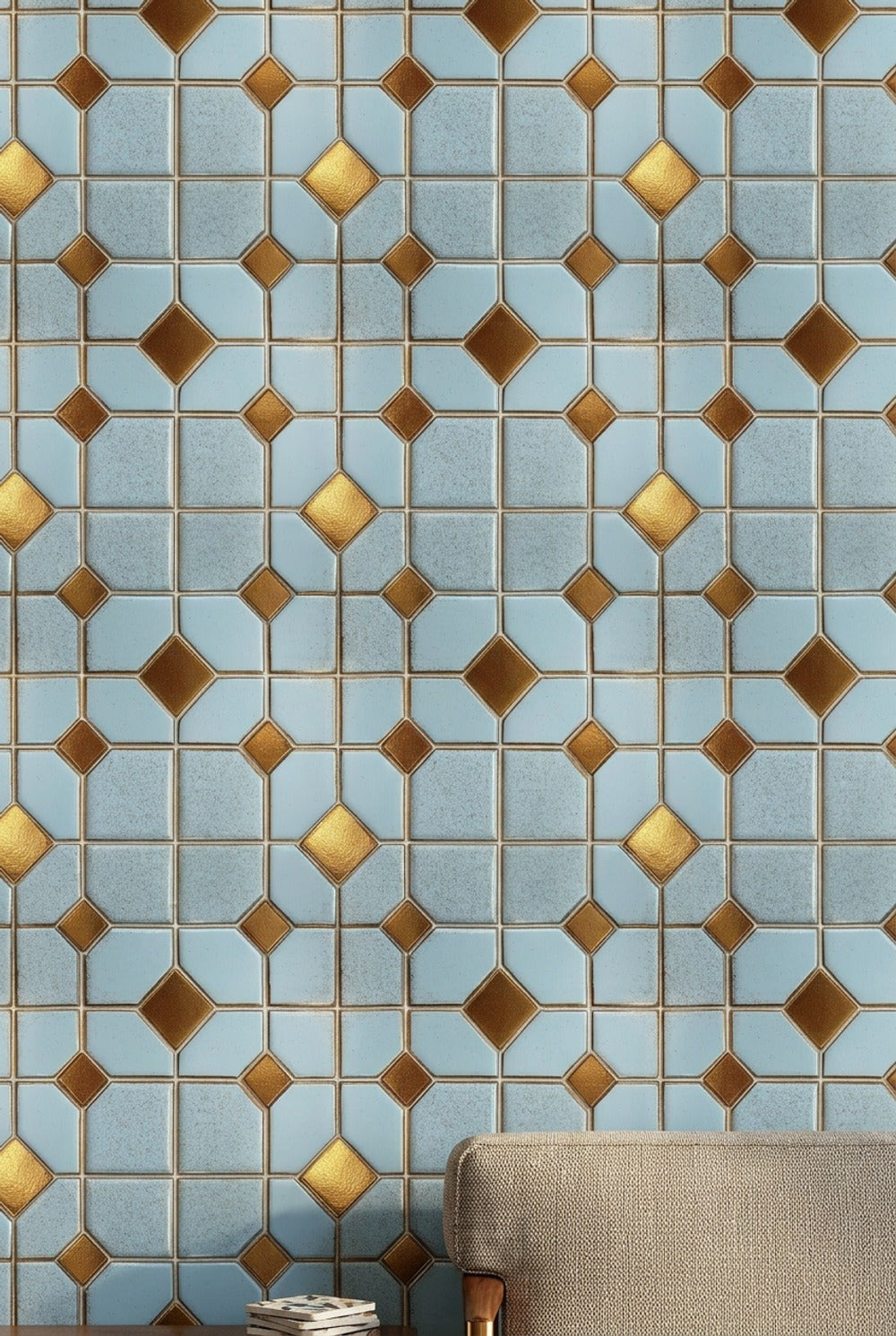 Geometric Tile Wallpaper Trellis Grid Removable Metallic Gold Accents Wall Decor