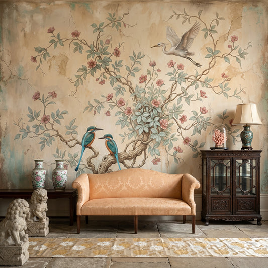 Muted Green Wallpaper Vintage Bird Removable Wall Decor