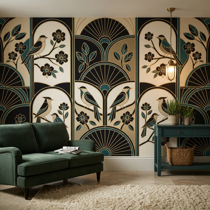 Art Deco Wallpaper Birds Teal And Gold Accents Wall Mural