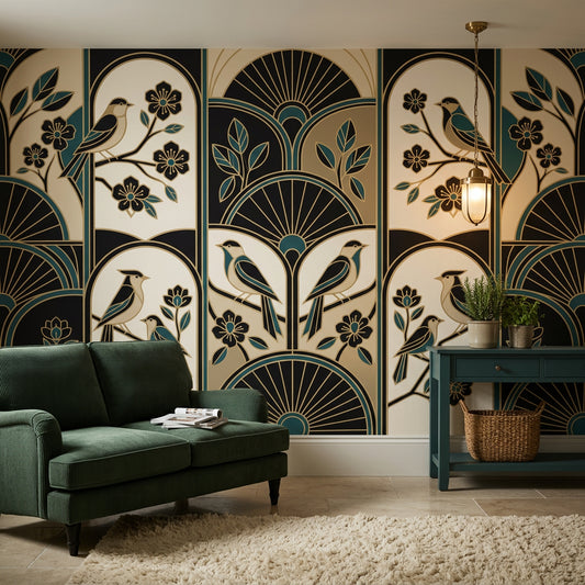 Art Deco Wallpaper Birds Teal And Gold Accents Wall Mural
