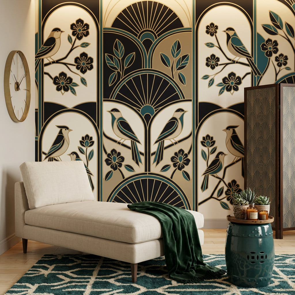 Art Deco Wallpaper Birds Teal And Gold Accents Wall Mural