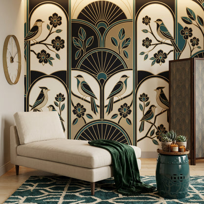 Art Deco Wallpaper Birds Teal And Gold Accents Wall Mural