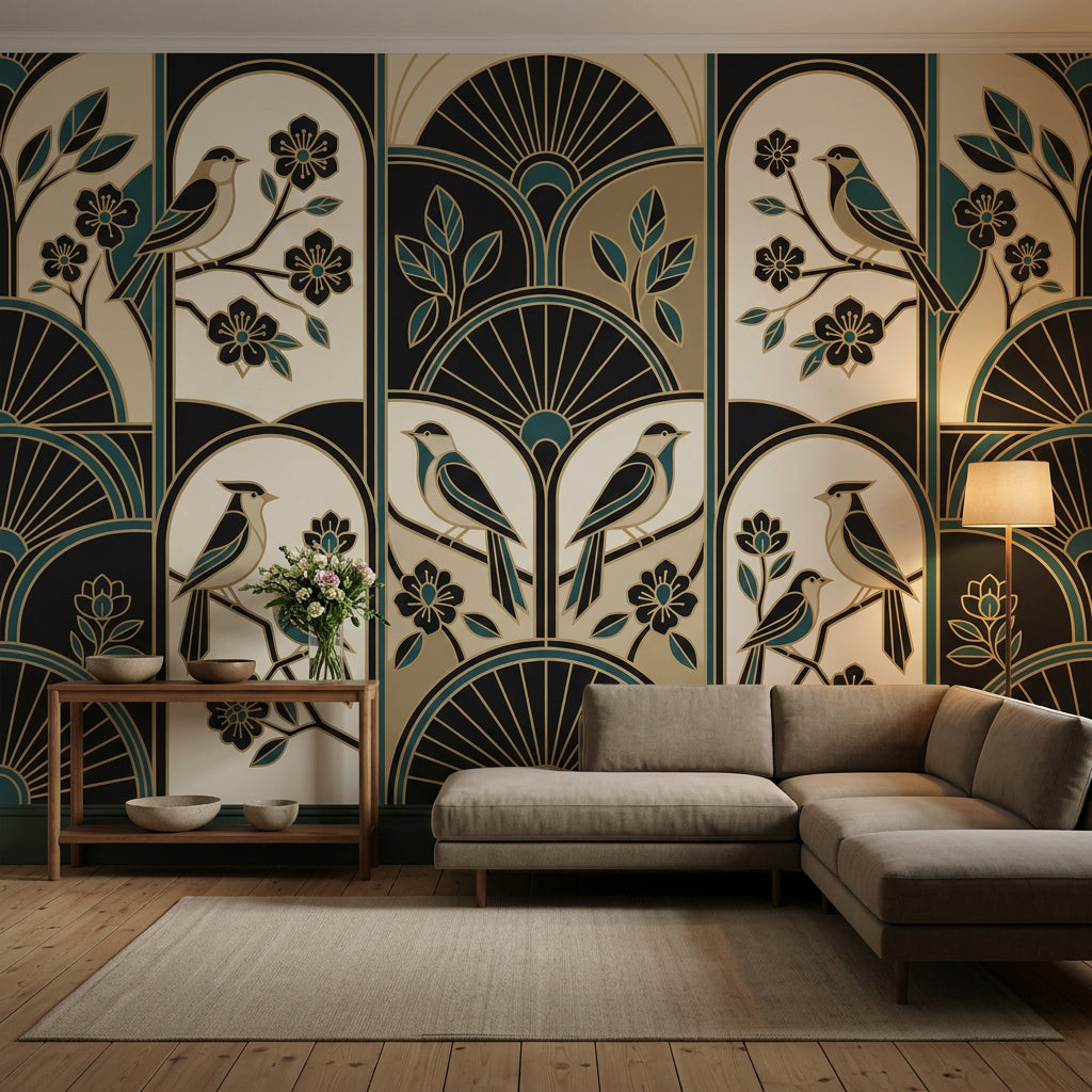 Art Deco Wallpaper Birds Teal And Gold Accents Wall Mural