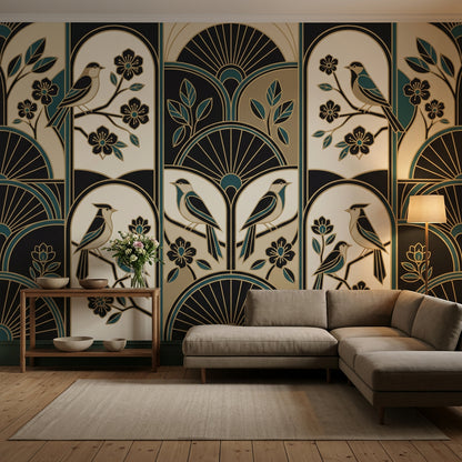 Art Deco Wallpaper Birds Teal And Gold Accents Wall Mural