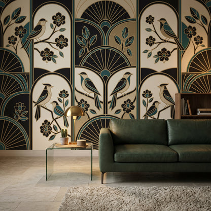 Art Deco Wallpaper Birds Teal And Gold Accents Wall Mural