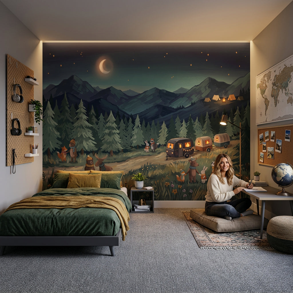 Night Sky Wallpaper Mountain Landscape Removable Camping Wall Decor