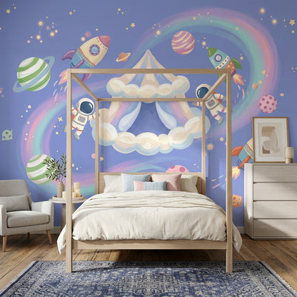 Space Wallpaper Astronauts Pastel Rainbow Wall Mural