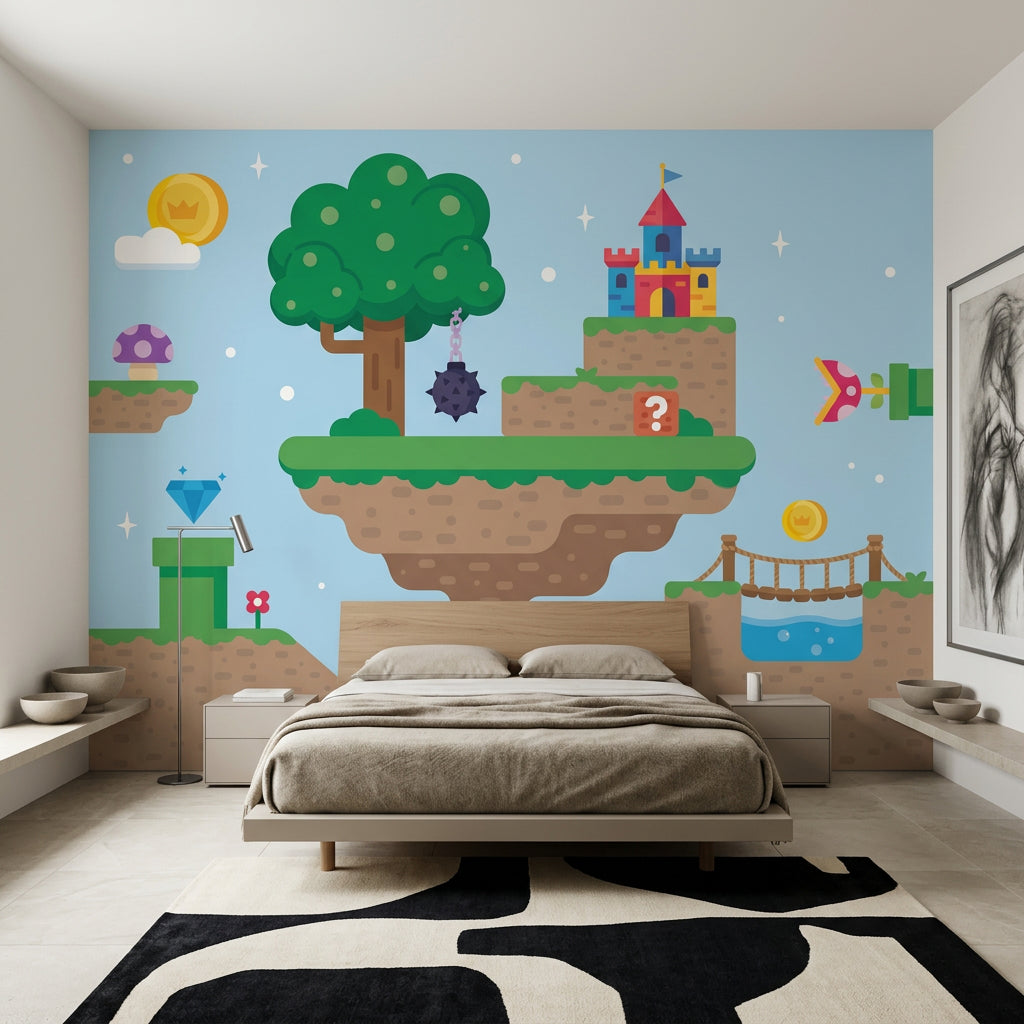 Video Game Landscape Wallpaper Floating Islands Flat Vector Removable Wall Decor