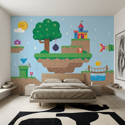 Video Game Landscape Wallpaper Floating Islands Flat Vector Removable Wall Decor